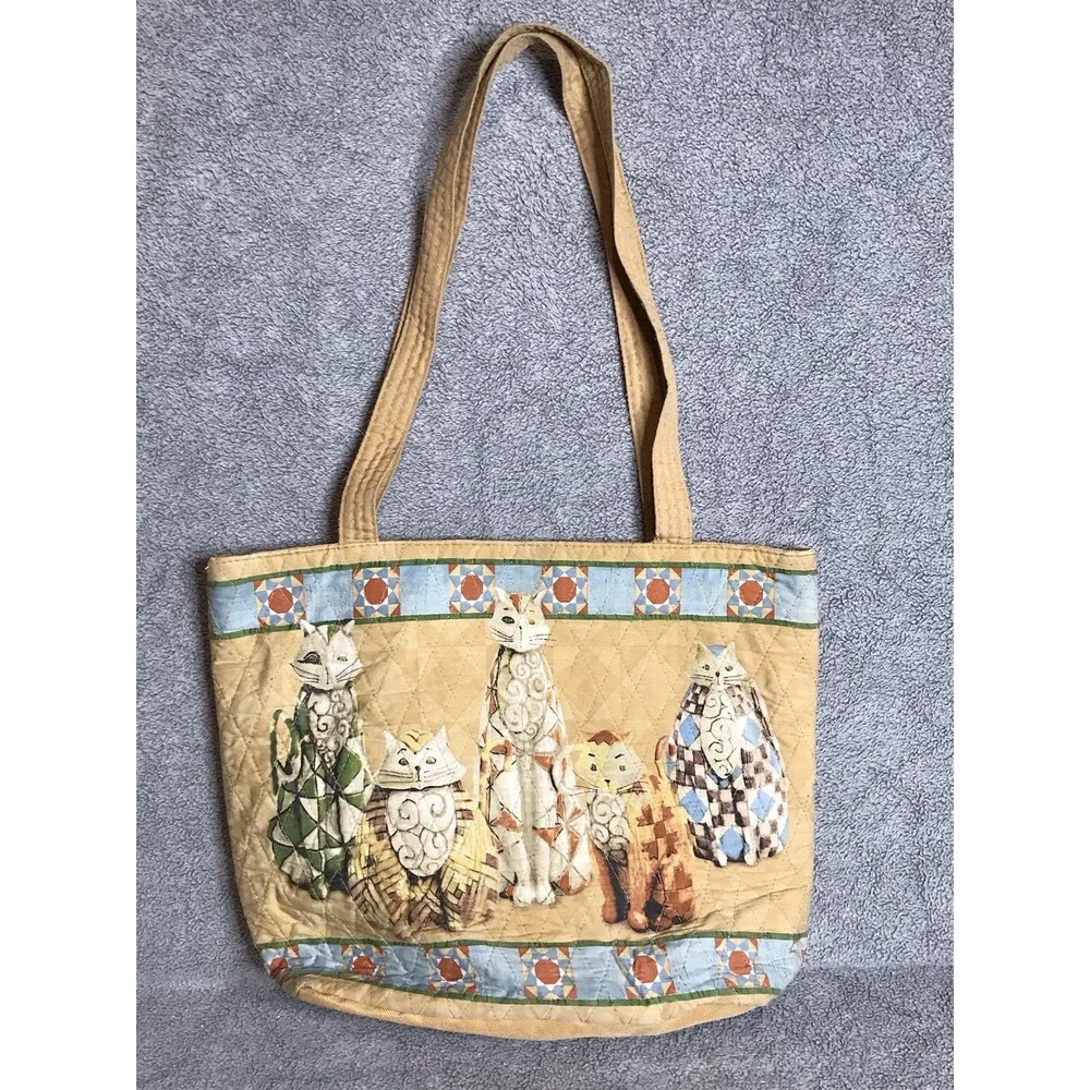 Jim Shore Heartwood Creek 5 Cat Tote‎ Quilted Zippered Inner Pockets